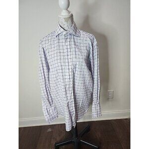 Canali Dress Shirt Long Sleeve Cotton White & Blue Plaid French Cuff Men's 16